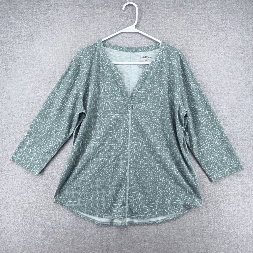 LL Bean 3/4 Sleeve Pullover Top Women Size Large Green Geometric